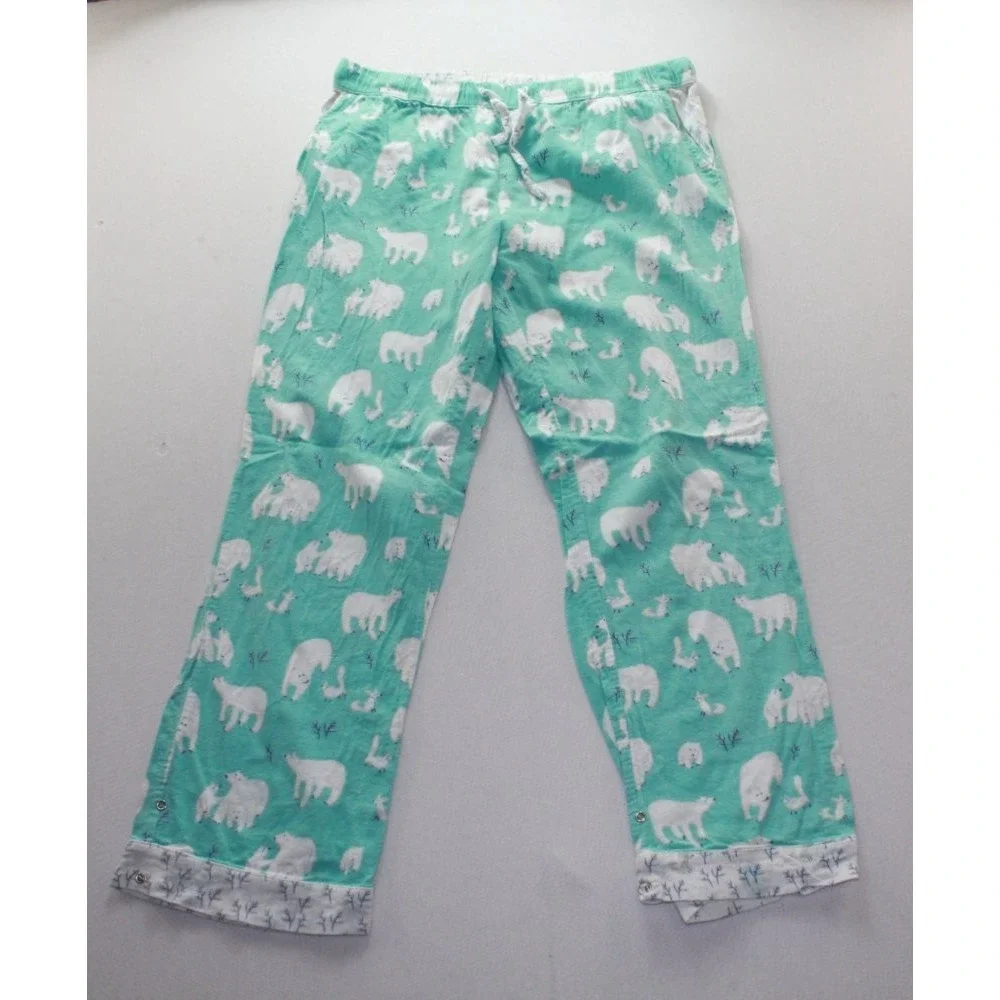 Munki Pajama Pants Womens L Mint Polar Bear Good Bamboo Cotton Snaps